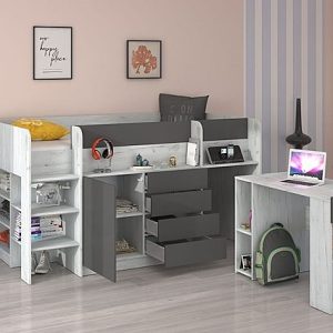 מיטת קומותיים עם שולחן מדפים ומגירות בצבע גרפיט SMILE L - P